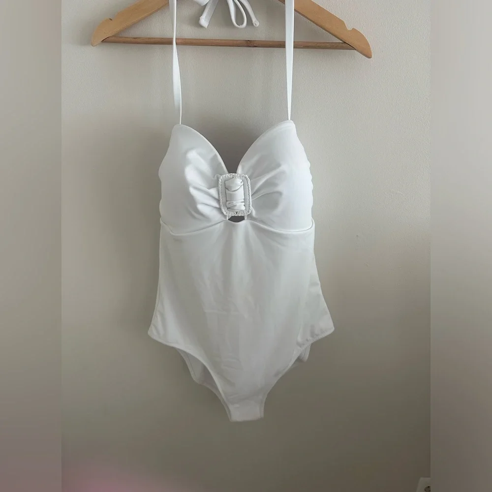 NWT Boden white wrap buckle bandeau halter one piece swimsuit sz 14 bachelorette
